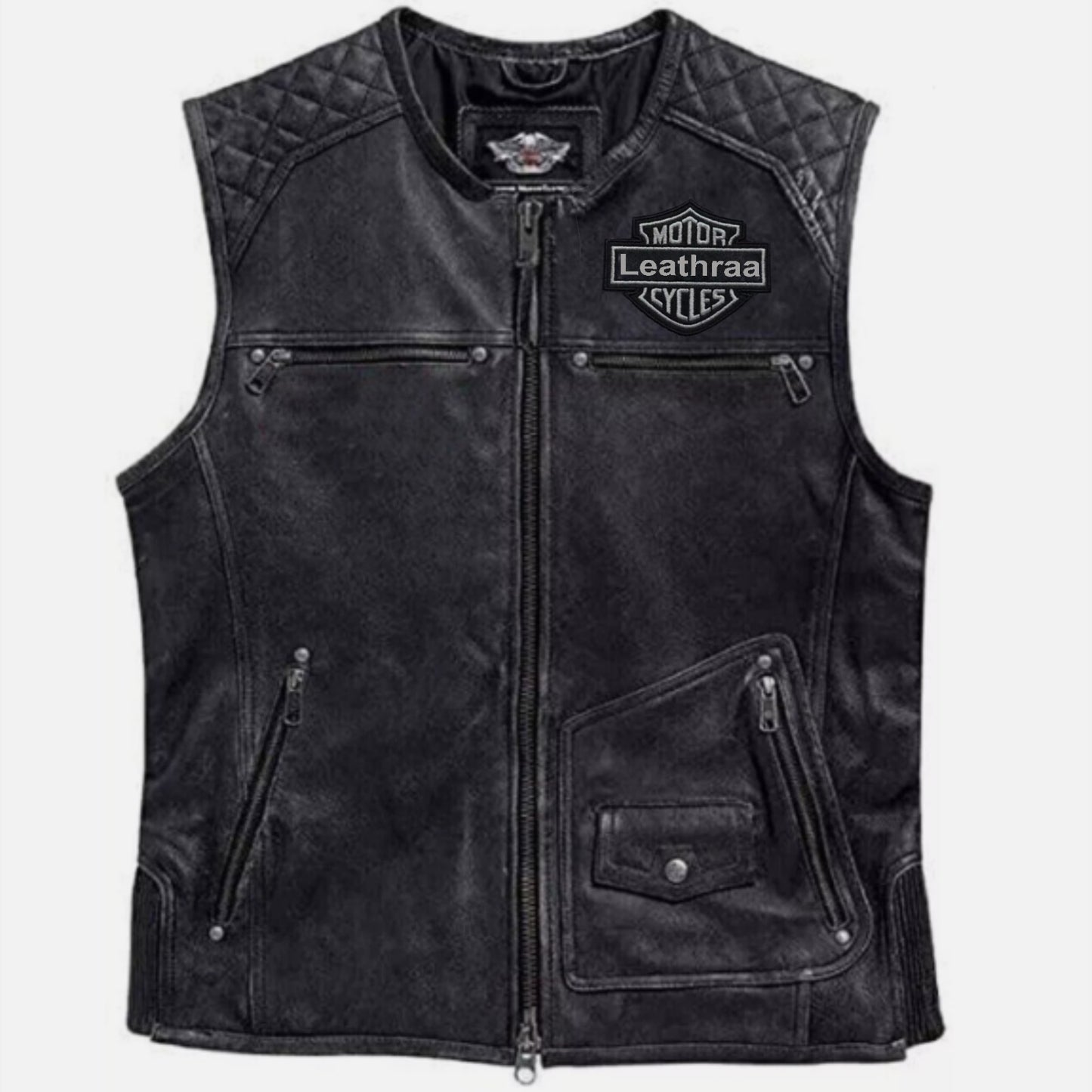 Leatheraa Motorcycle Black Leather Vest for Men's